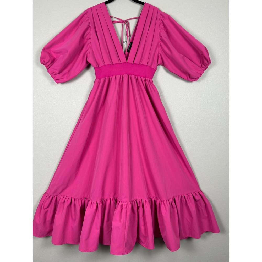 Barbiecore Hot Pink Puff Sleeve Midi Dress Cottagecore Babydoll Ruffle Hem